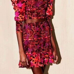 Saylor Tia Smocked Floral Ruffle Mini Skirt, Red/Pink Poppy, Size S NWOT